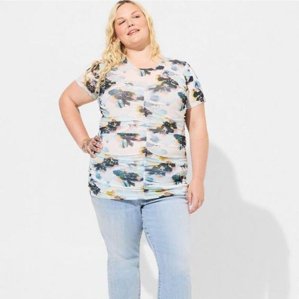 Torrid Plus Size 3X 22-24 Crew Neck Ruched Floral Shirt Blouse Top